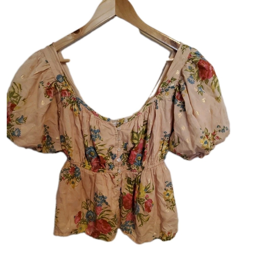 Anthropologie Love The Label Pink Floral Peasant Babydoll Shirt Puff Sleeve M